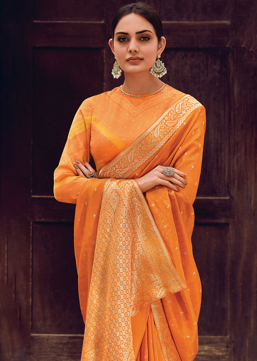 Orange Color Pure Viscos Woven Leheriya Pattern Saree