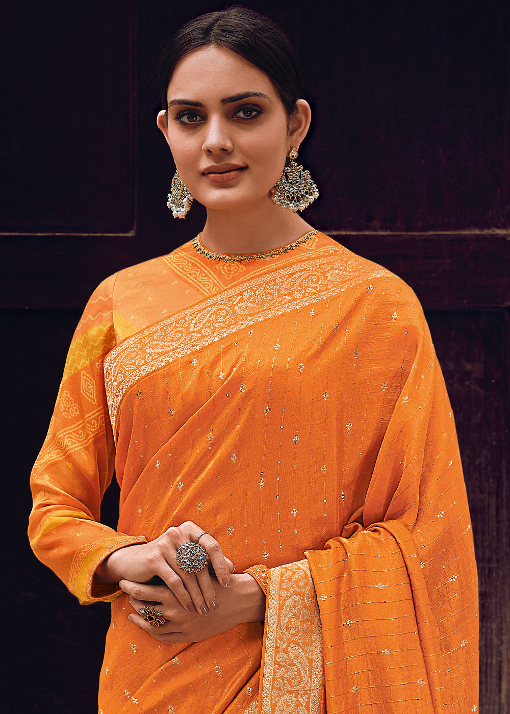 Orange Color Pure Viscos Woven Leheriya Pattern Saree