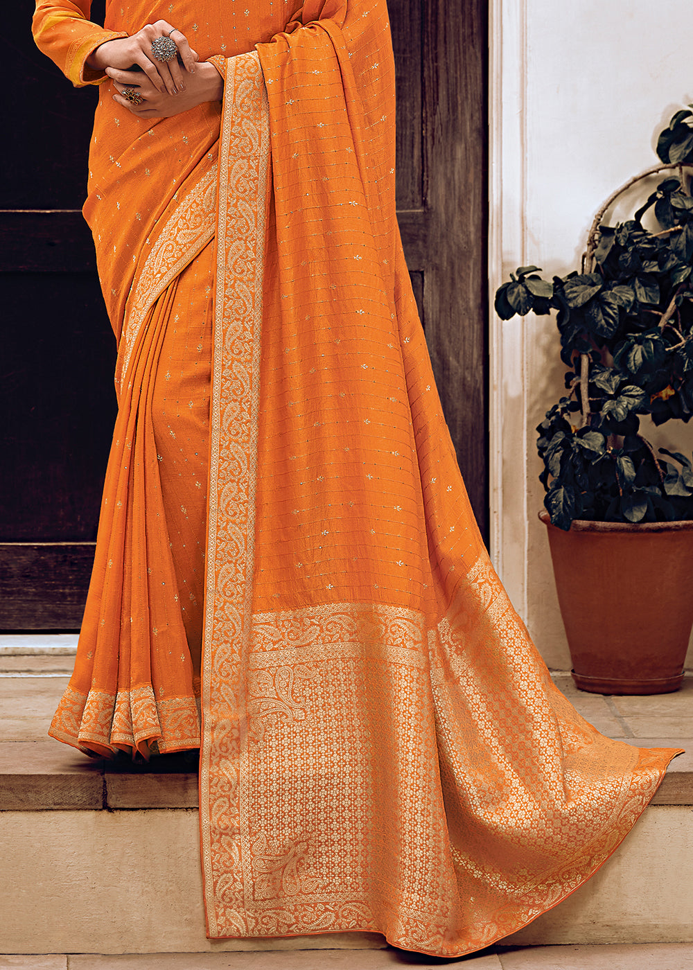 Orange Color Pure Viscos Woven Leheriya Pattern Saree