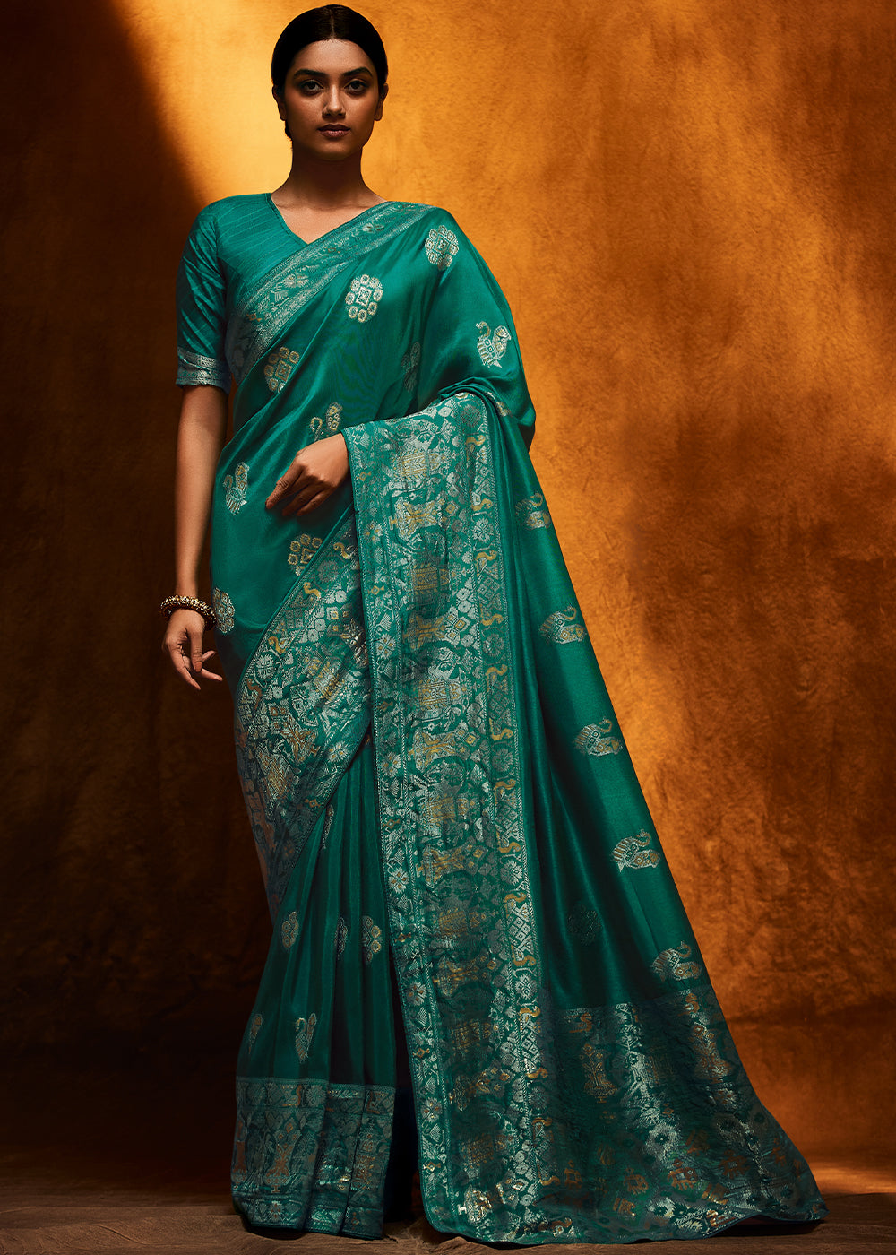 Teal-Blue Color Pure Viscos Woven Silk Saree