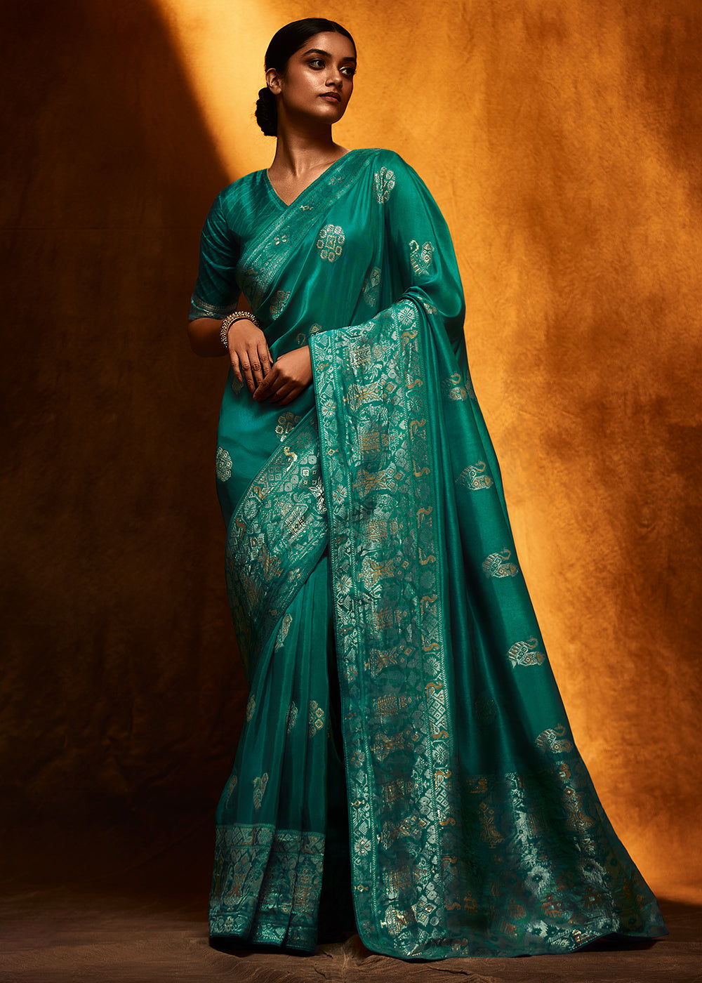 Teal-Blue Color Pure Viscos Woven Silk Saree