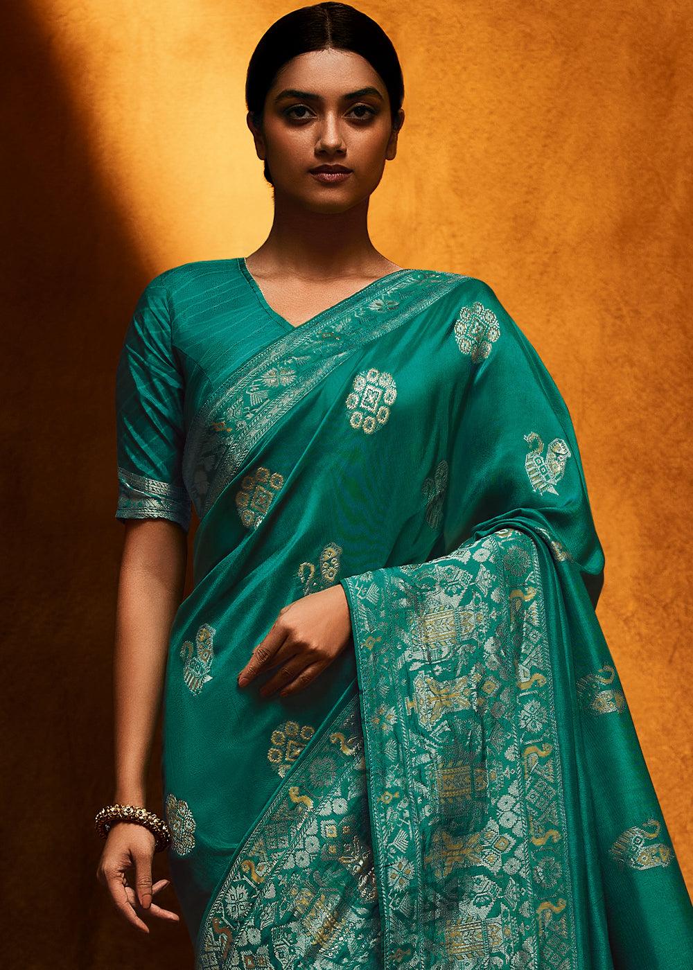 Teal-Blue Color Pure Viscos Woven Silk Saree