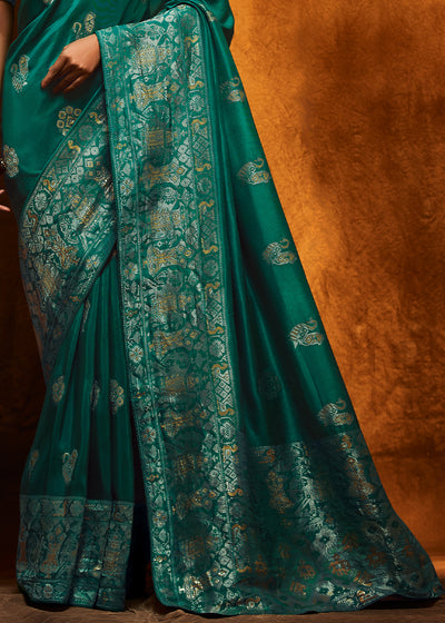 Teal-Blue Color Pure Viscos Woven Silk Saree