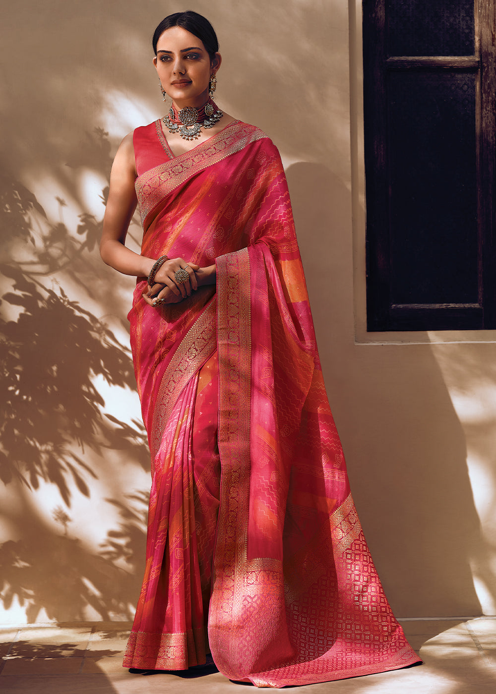 Pink Color Pure Viscos Woven Bandhani Print Saree