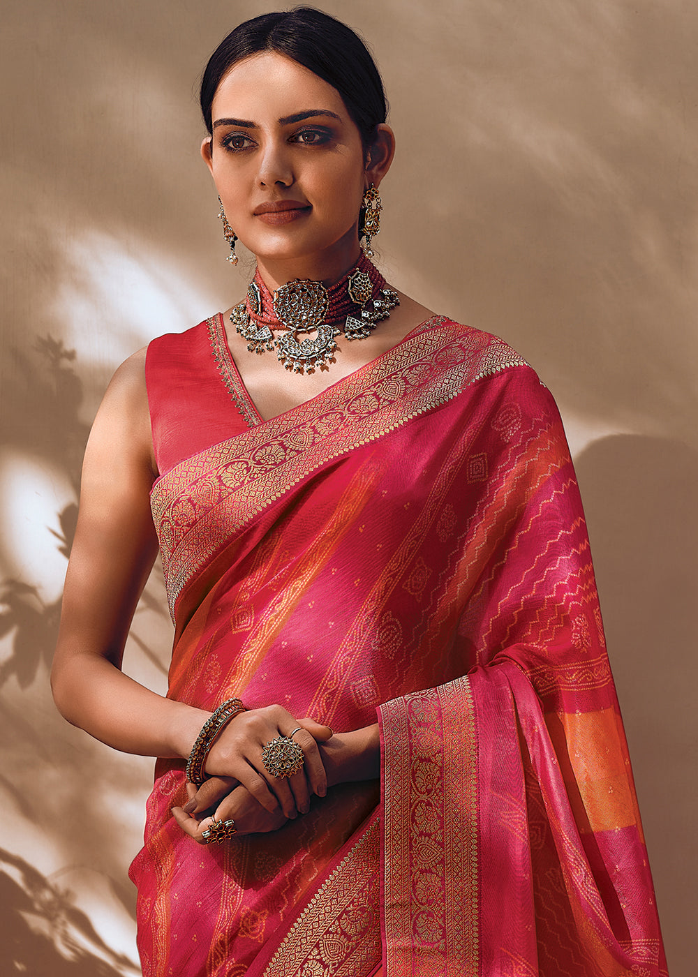 Pink Color Pure Viscos Woven Bandhani Print Saree