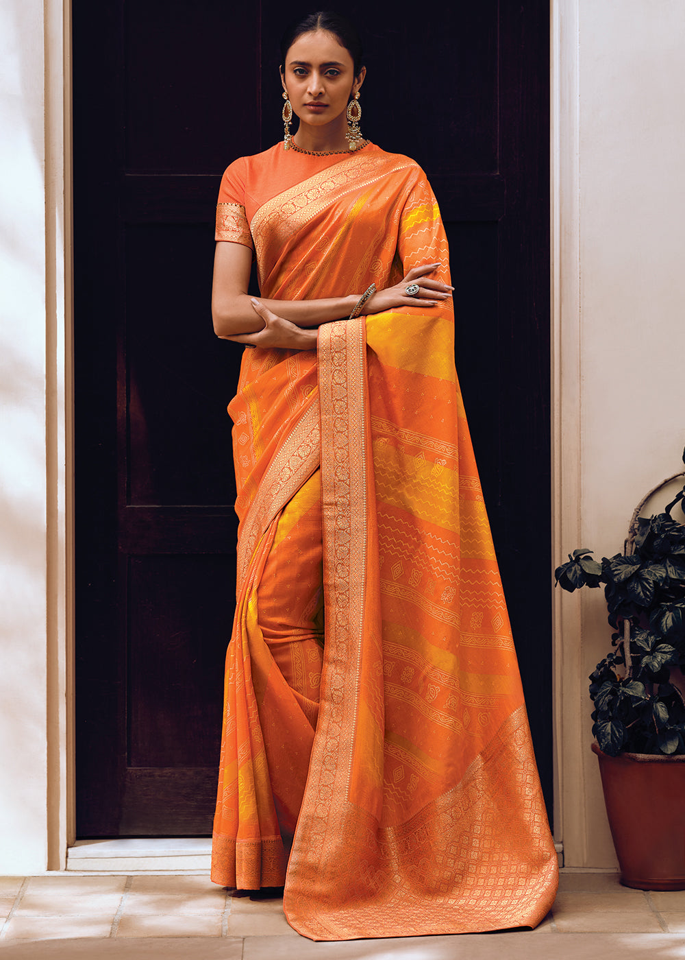 Orange-Yellow Color Pure Viscos Woven Bandhani Print Saree