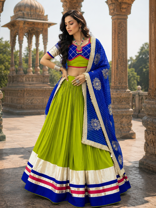 Blue and Limegreen color Navratri Designer Ready To Wear Lehenga Set houseofpanchhi