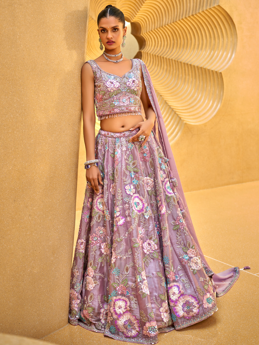 Lavender Organza Handwork Embroidered using Cutdana,Sequin & Thread Ready to Wear Lehenga choli