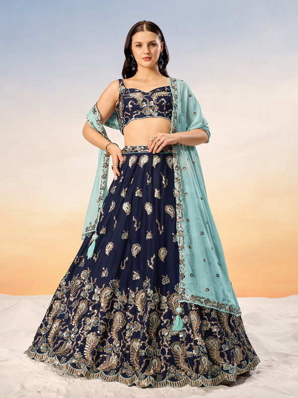Golden Sequin,Thread,Coding Feather Work Embroidered Georgette Semi-Stitched Lehenga choli