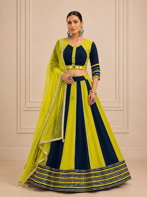 Lemon Yellow & Navy Blue color Navratri Designer Ready To Wear Lehenga Set houseofpanchhi