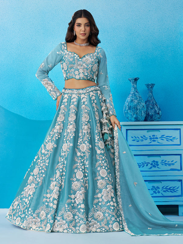 Seagreen Organza Heavy Beads with Sequins Embroidered Semi-Stitched Lehenga Set House of Panchhi
