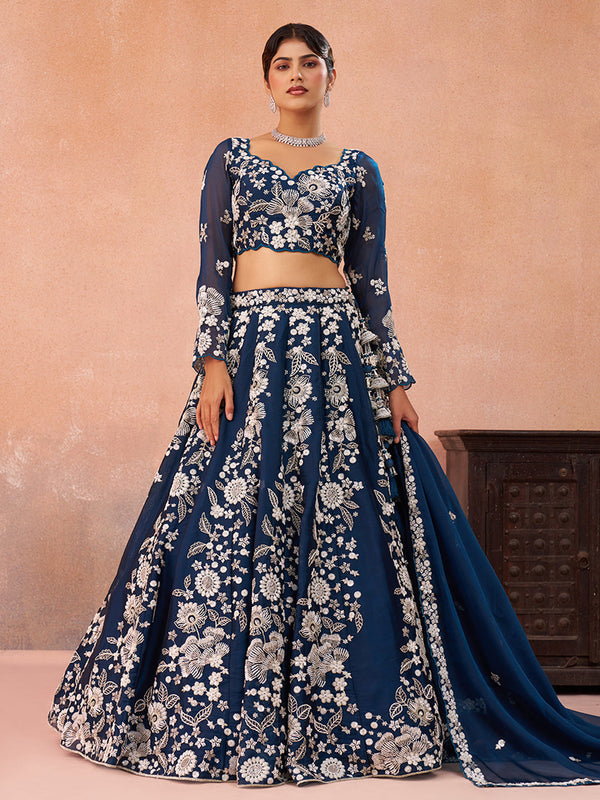Blue Organza Heavy Beads with Sequins Embroidered Semi-Stitched Lehenga Set House of Panchhi