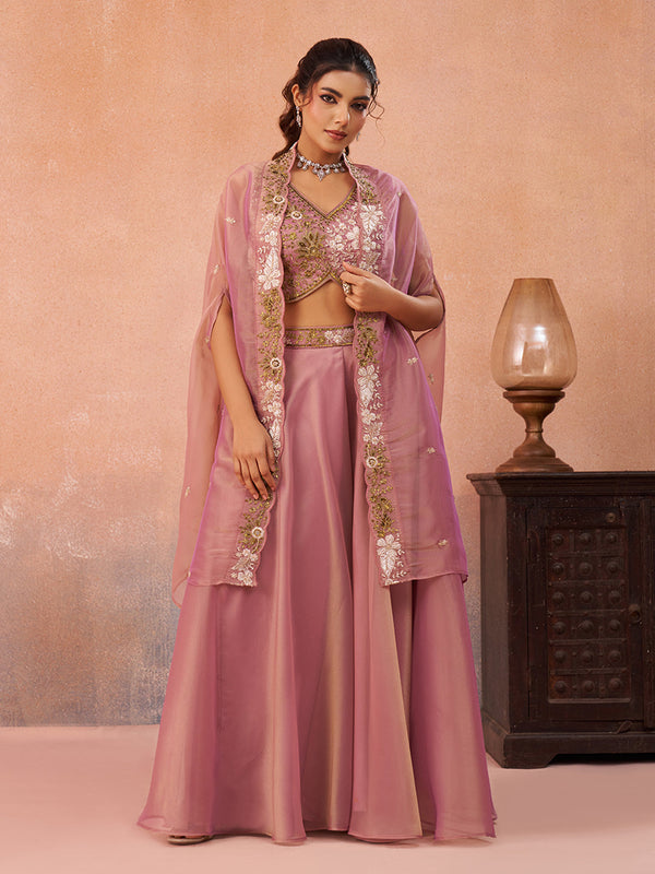 Pink Tissue Beads Embroidered Crop Top with Flared Cape & Flared Palazzo Set House of Panchhi