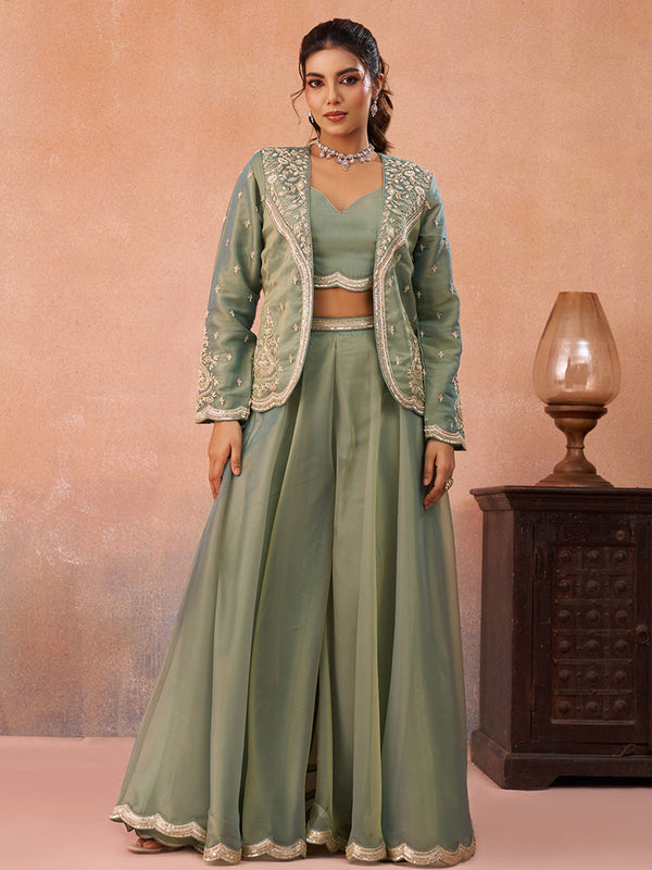 Sea Green Tissue Floral Embroidered Crop Top with Jacket & Flared Palazzo Set House of Panchhi