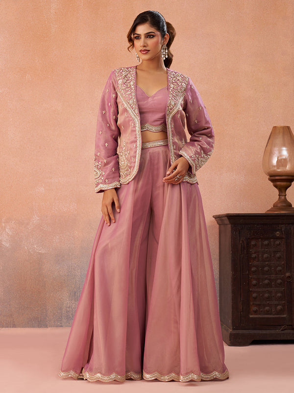 Pink Tissue Floral Embroidered Crop Top with Jacket & Flared Palazzo Set House of Panchhi