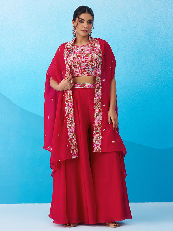 Pink Crepe Beads Embroidered Crop Top with Flared Cape & Flared Palazzo Set House of Panchhi