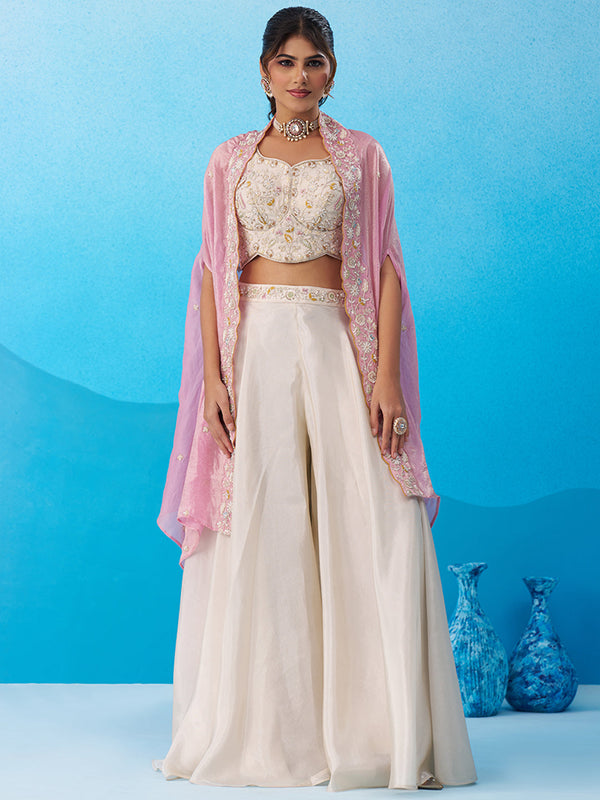 Cream Viscoce Beads Embroidered Crop Top with Flared Cape & Palazzo Set House of Panchhi