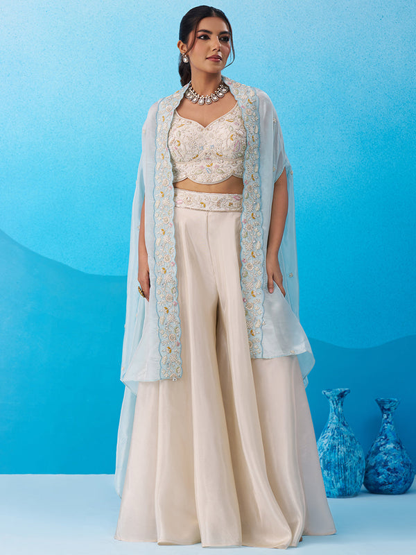 Cream Viscoce Beads Embroidered Crop Top with Flared Cape & Palazzo Set House of Panchhi