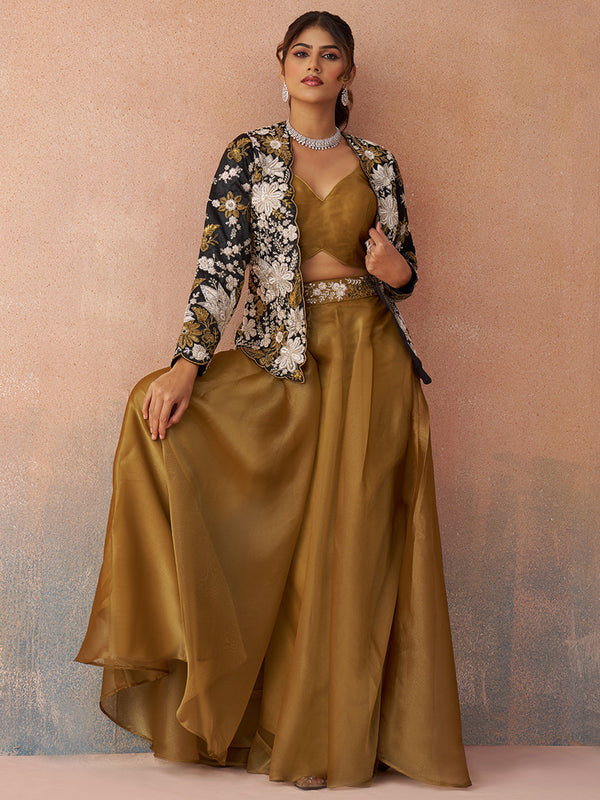 Golden Mustard Tissue Floral Embroidered Crop Top with Jacket & Palazzo Set House of Panchhi