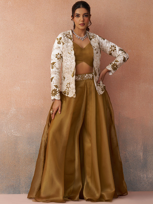 Golden Mustard Tissue Floral Embroidered Crop Top with Jacket & Palazzo Set House of Panchhi
