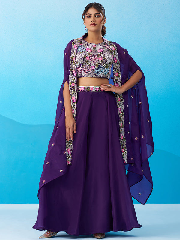 Royal Purple Crepe Beads Embroidered Crop Top with Flared Cape & Flared Palazzo Set House of Panchhi