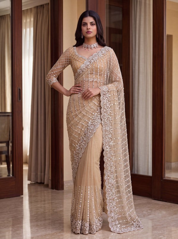 Cream Net Fabric Beads, Sequence, Pearl Embroidery Work Saree House of Panchhi