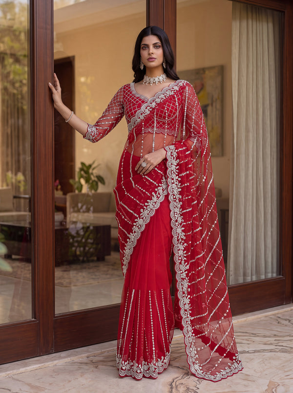 Red Net Fabric Beads, Sequence, Pearl Embroidery Work Saree House of Panchhi