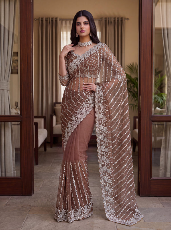 Brown Net Fabric Beads, Sequence, Pearl Embroidery Work Saree House of Panchhi