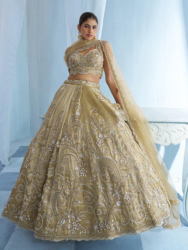 Gold Tissue White Beads & Embroidered Semi-Stitched Lehenga Set House of Panchhi