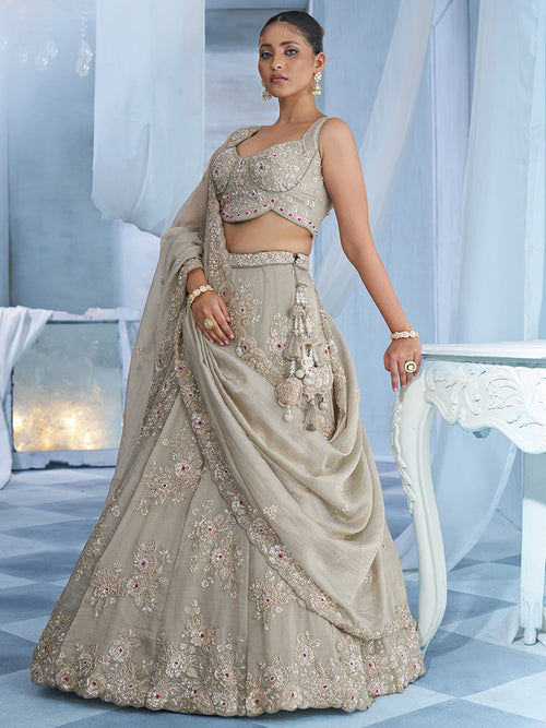 Taupe Tissue Floral Multi Beads Embroidered Semi-Stitched Lehenga Set