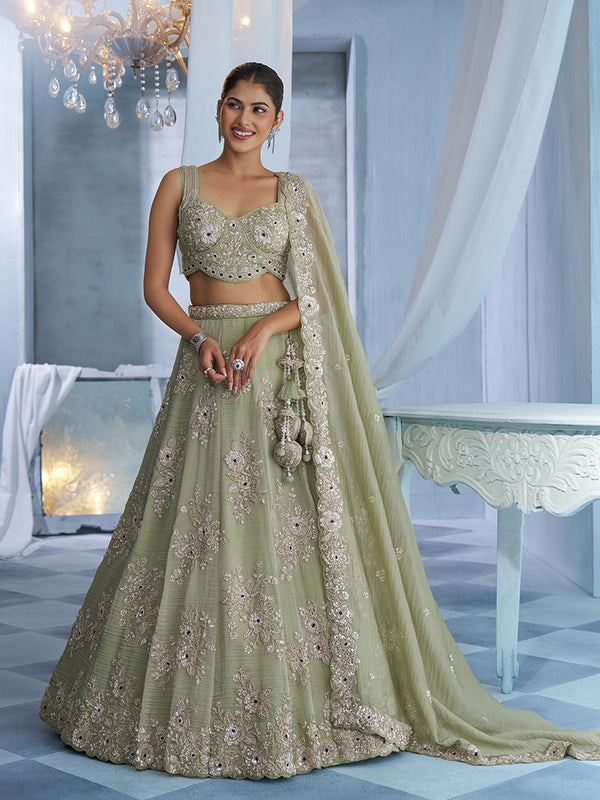 Pista Green Tissue Floral Multi Beads Embroidered Semi-Stitched Lehenga Set House of Panchhi