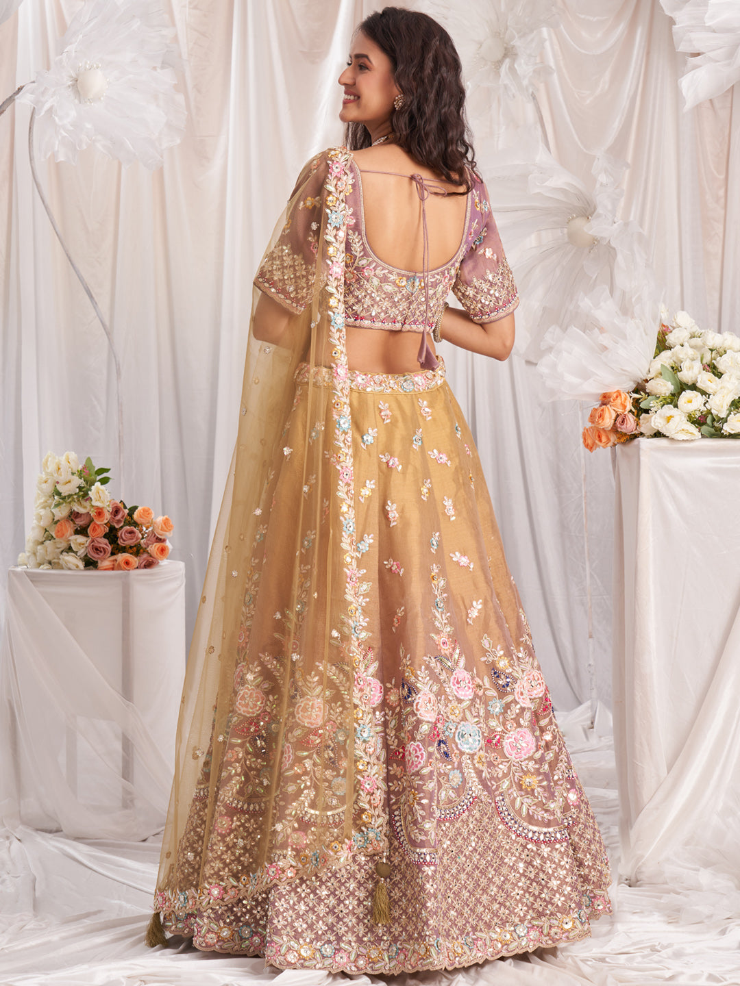 Mustard-Rosegold Color Bridal Net Embroidered Gotta Patti Work Using Golden Sequins,Mirror and Multi-Thread Semi-Stitched Lehenga