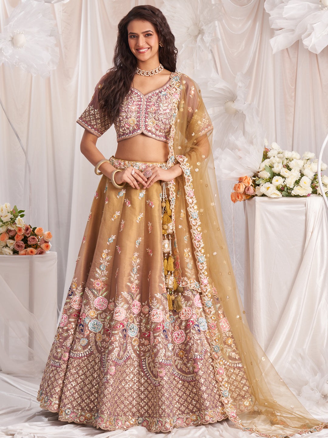 Mustard-Rosegold Color Bridal Net Embroidered Gotta Patti Work Using Golden Sequins,Mirror and Multi-Thread Semi-Stitched Lehenga