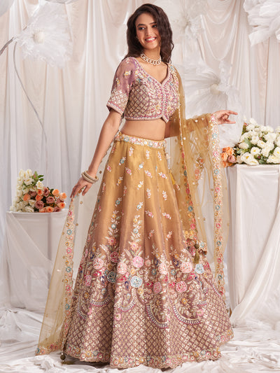 Mustard-Rosegold Color Bridal Net Embroidered Gotta Patti Work Using Golden Sequins,Mirror and Multi-Thread Semi-Stitched Lehenga