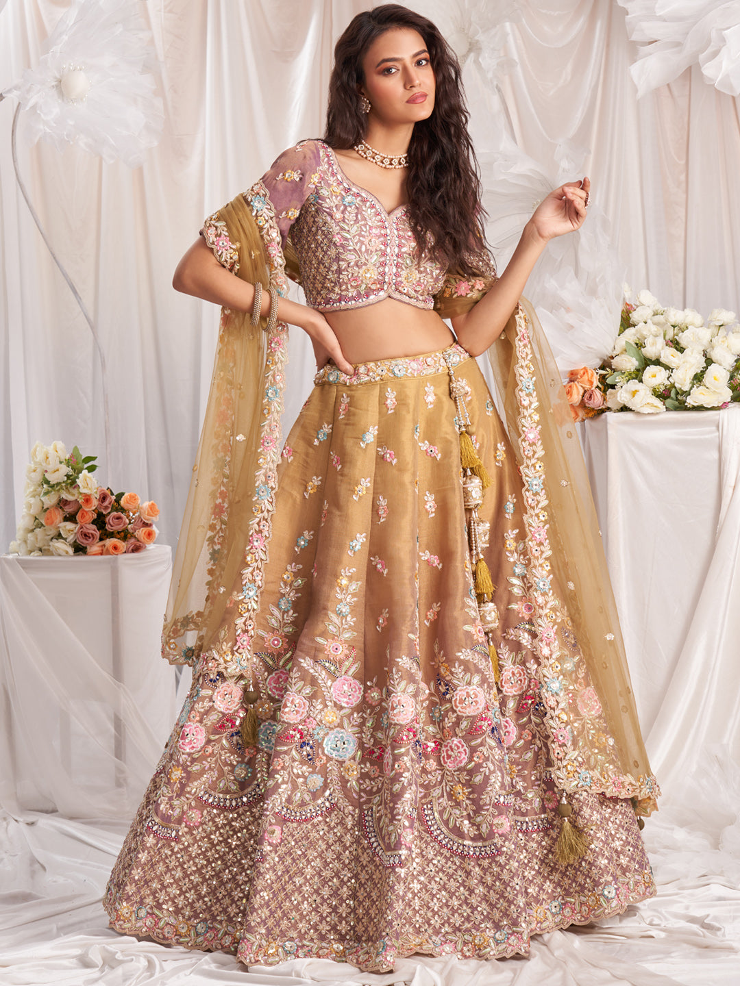 Mustard-Rosegold Color Bridal Net Embroidered Gotta Patti Work Using Golden Sequins,Mirror and Multi-Thread Semi-Stitched Lehenga