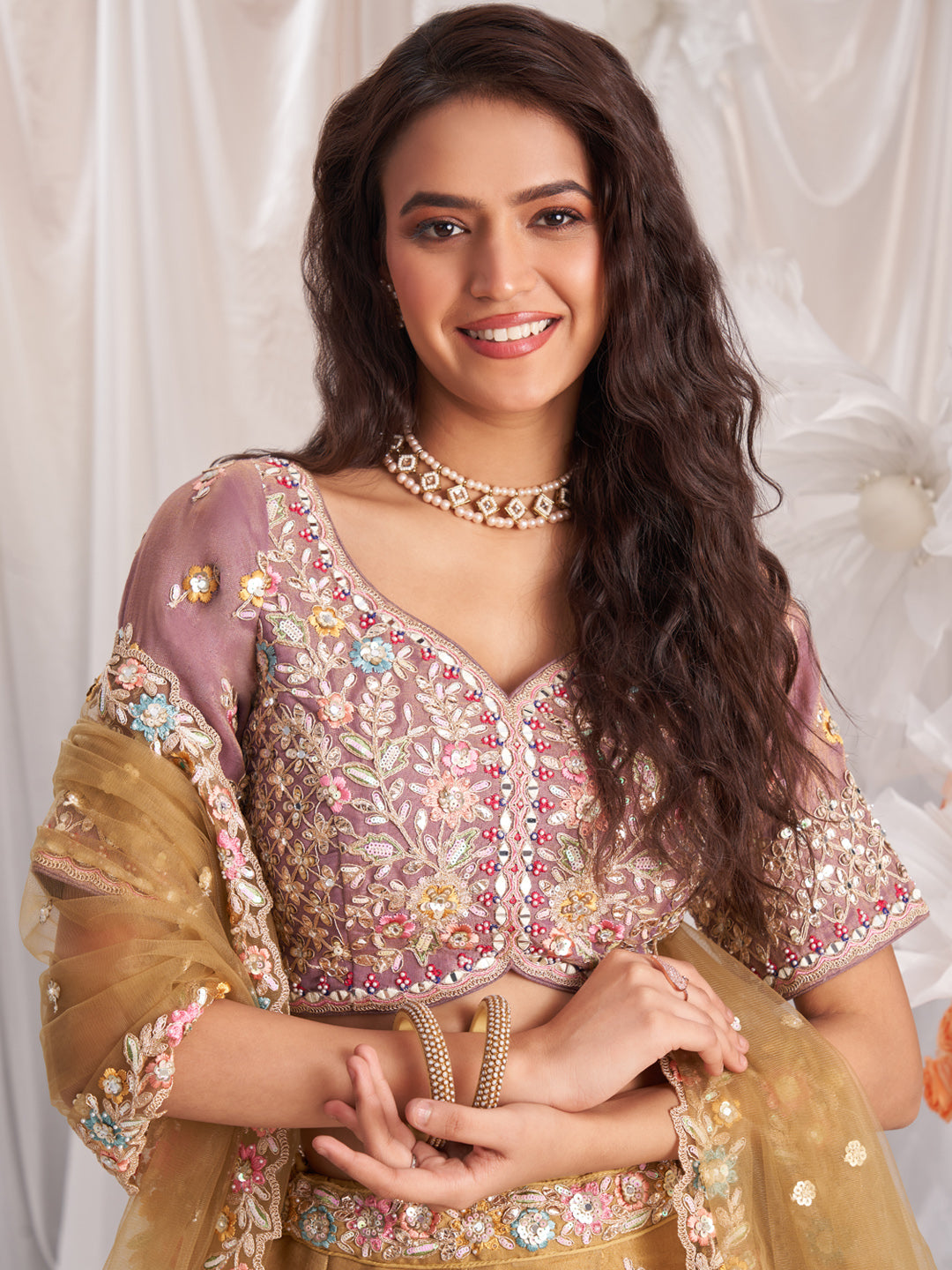 Mustard-Rosegold Color Bridal Net Embroidered Gotta Patti Work Using Golden Sequins,Mirror and Multi-Thread Semi-Stitched Lehenga