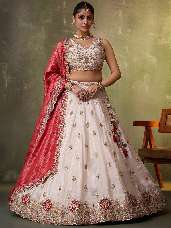 Tissue Fabric Sequins Thread & Embroidery Semi-Stitched Lehenga & Unstitched Blouse With Dupatta