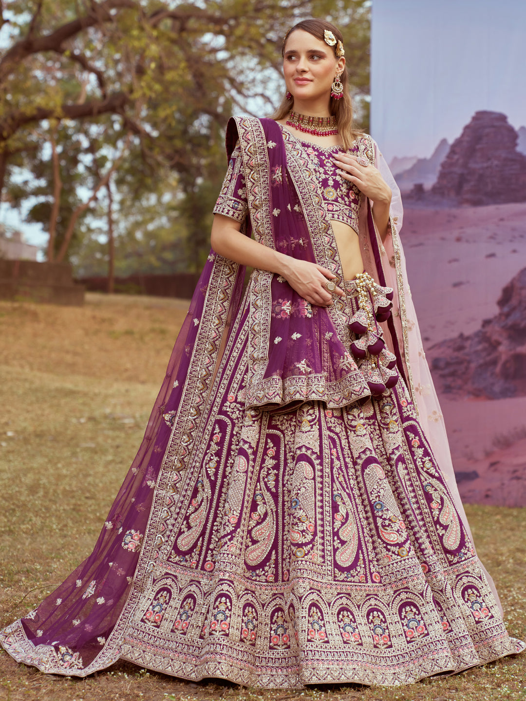 Purple Pure Satin Silk Golden Sequinned,Zarkan,Moti & Multi-color Thread,Floral Motif Bridal  Semi Stitched Lehenga with Double Dupatta