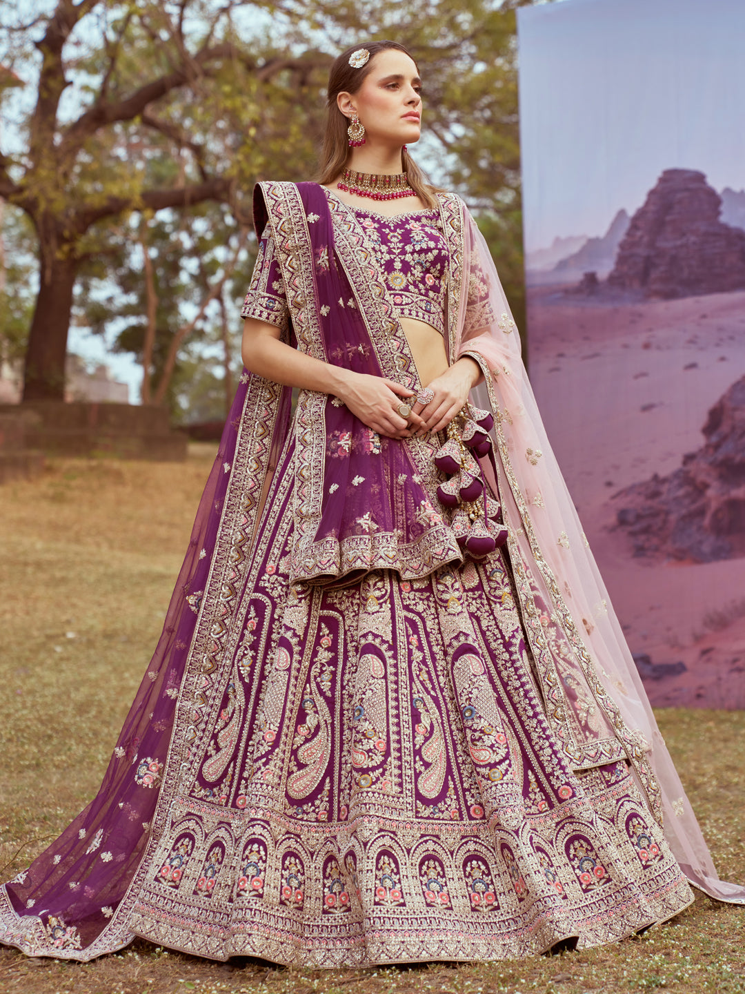 Purple Pure Satin Silk Golden Sequinned,Zarkan,Moti & Multi-color Thread,Floral Motif Bridal  Semi Stitched Lehenga with Double Dupatta