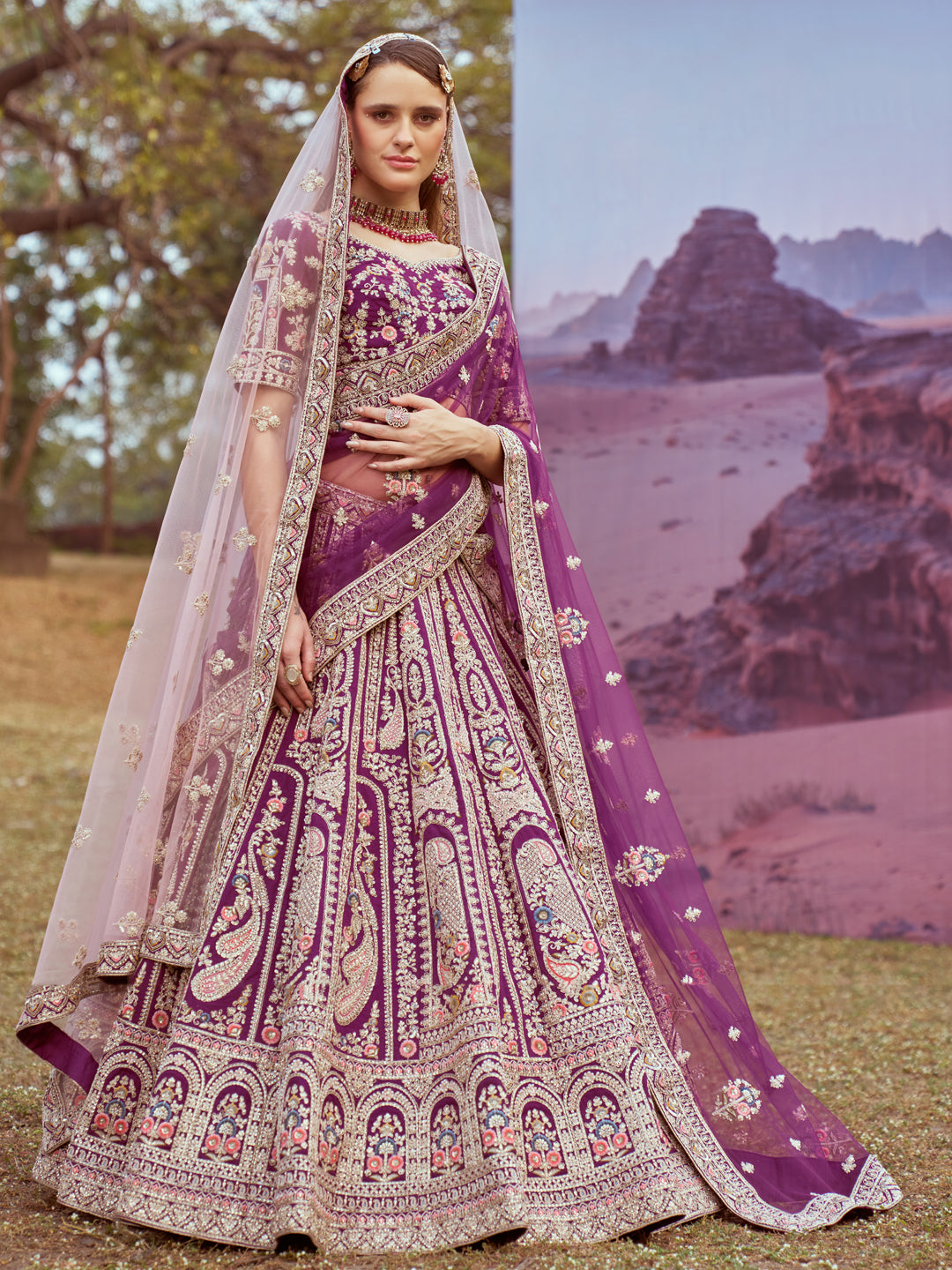 Purple Pure Satin Silk Golden Sequinned,Zarkan,Moti & Multi-color Thread,Floral Motif Bridal  Semi Stitched Lehenga with Double Dupatta