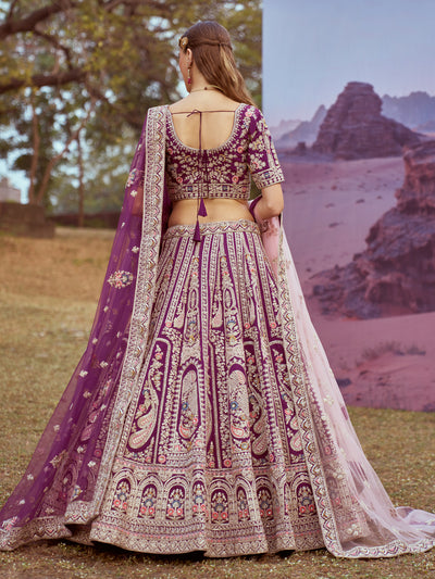 Purple Pure Satin Silk Golden Sequinned,Zarkan,Moti & Multi-color Thread,Floral Motif Bridal  Semi Stitched Lehenga with Double Dupatta