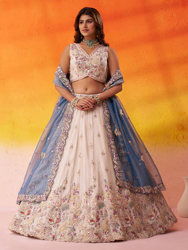 Tissue Fabric Sequins & Embroidery Semi-Stitched Lehenga & Unstitched Blouse With Dupatta