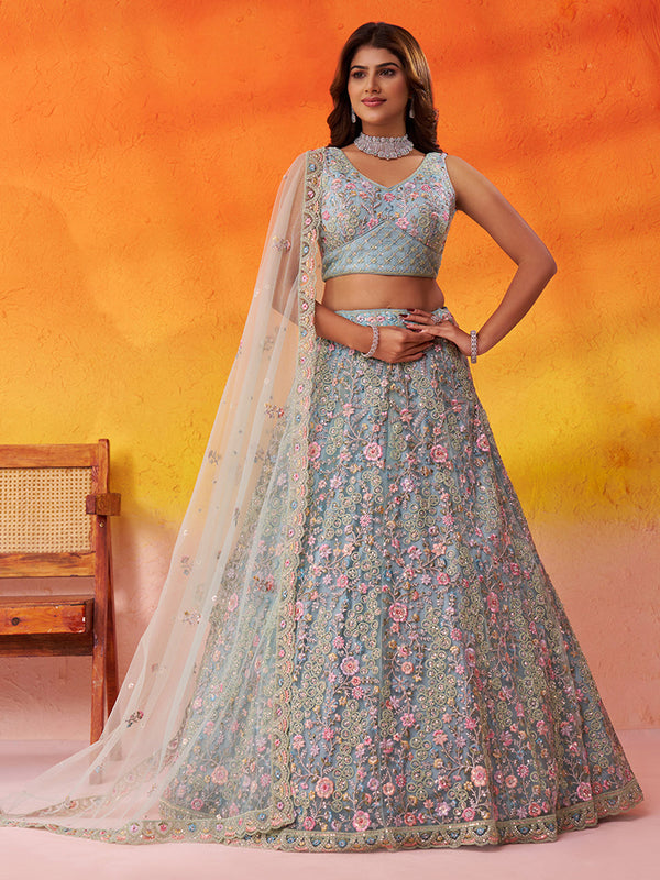 Net Fabric Sequins embroidery Semi-Stitched Lehenga & Unstitched Blouse With Dupatta