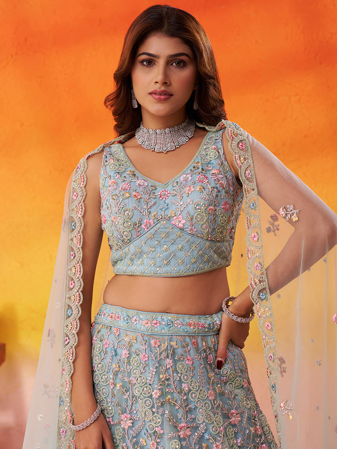 Net Fabric Sequins embroidery Semi-Stitched Lehenga & Unstitched Blouse With Dupatta House of Panchhi