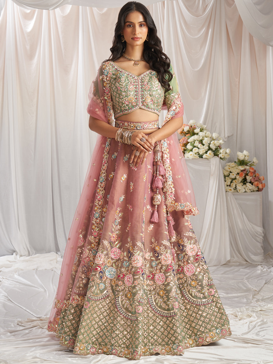 Rosegold-Seagreen Color Bridal Net Embroidered Gotta Patti Work Using Golden Sequins,Mirror and Multi-Thread Semi-Stitched Lehenga