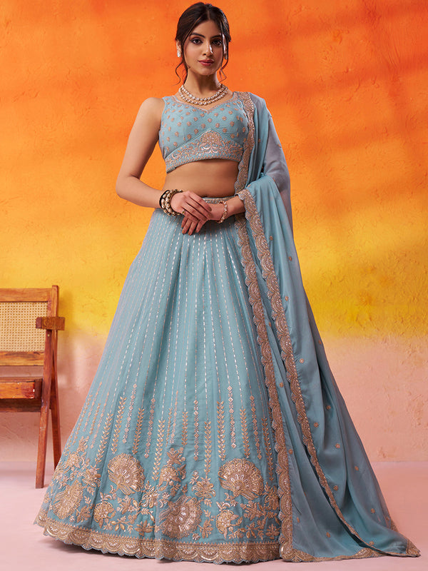 Tissue Silk Fabric Sequins embroidery Semi-Stitched Lehenga & Unstitched Blouse With Dupatta