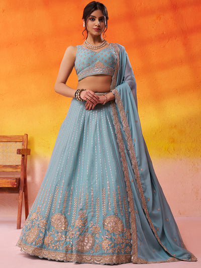 Pink- Tissue Silk Fabric Sequins embroidery Semi-Stitched Lehenga & Unstitched Blouse With Dupatta House of Panchhi