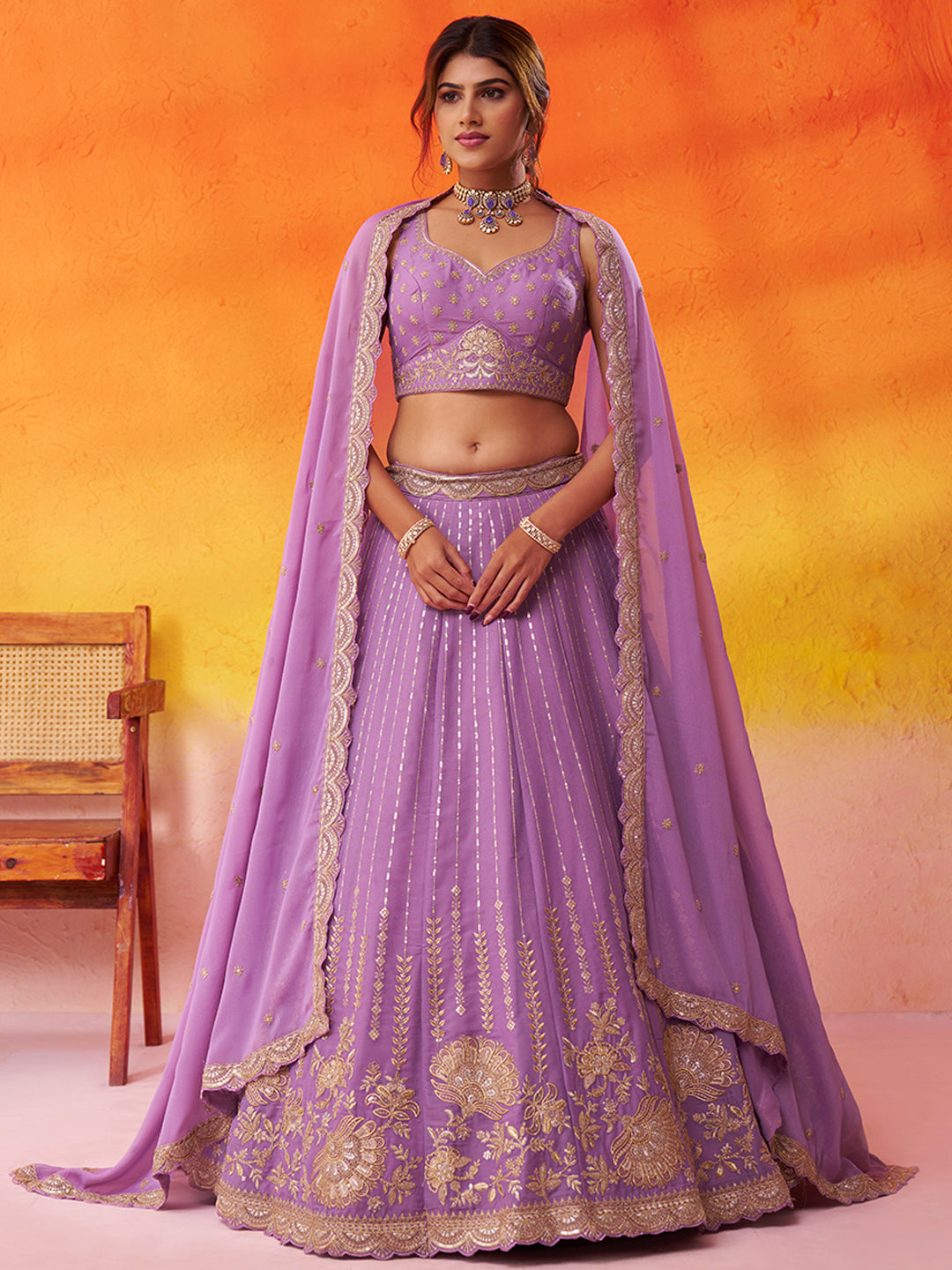 Pink- Tissue Silk Fabric Sequins embroidery Semi-Stitched Lehenga & Unstitched Blouse With Dupatta House of Panchhi