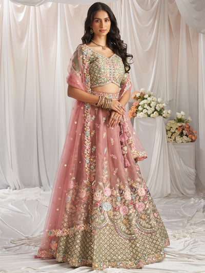 Rosegold-Seagreen Color Bridal Net Embroidered Gotta Patti Work Using Golden Sequins,Mirror and Multi-Thread Semi-Stitched Lehenga