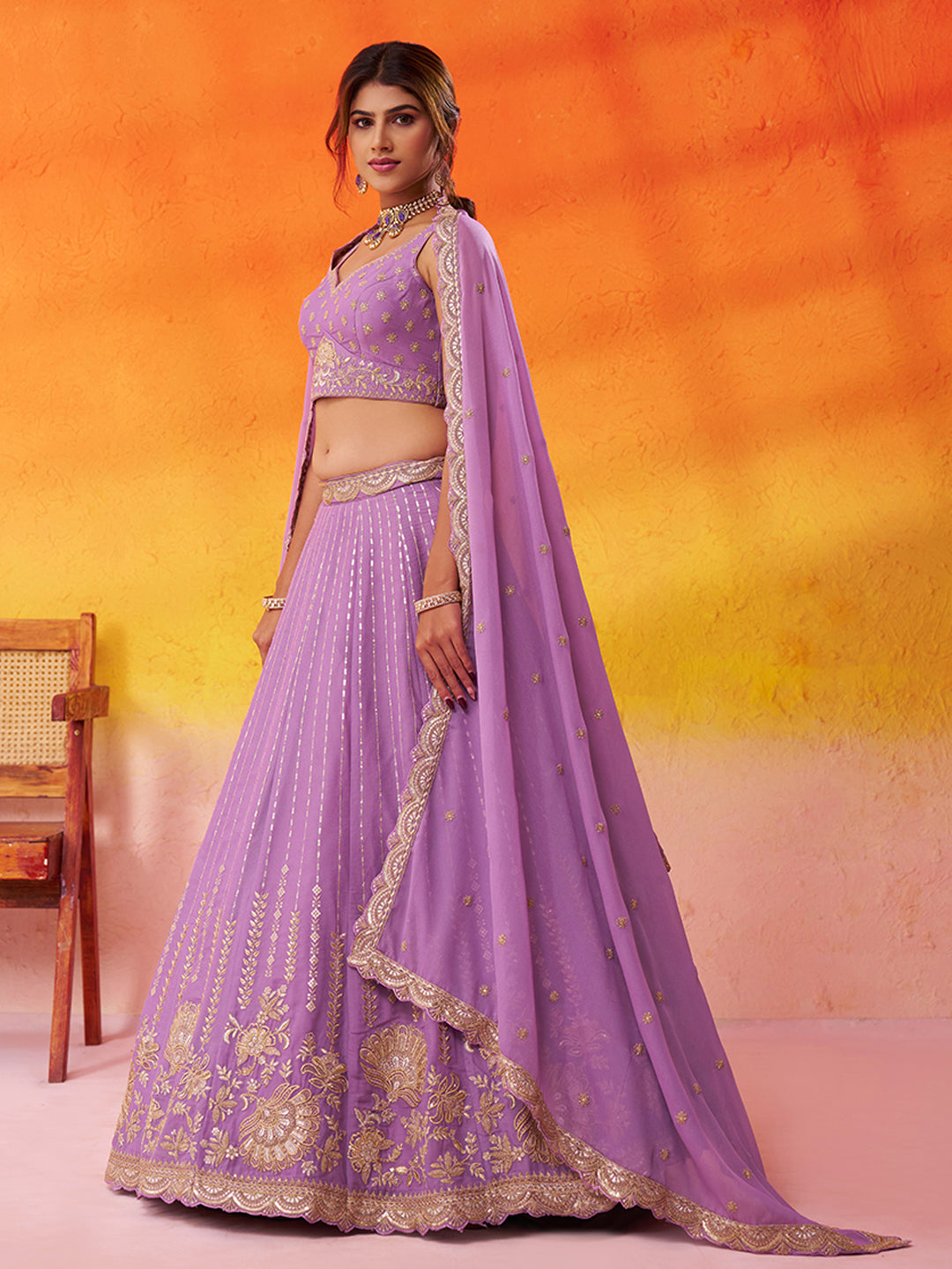 Pink- Tissue Silk Fabric Sequins embroidery Semi-Stitched Lehenga & Unstitched Blouse With Dupatta House of Panchhi